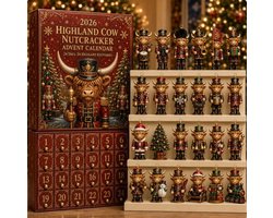 Adventskalender Highland Cow Nutcracker, 24 Verzamelbare Kerstornamenten-Platte Acryl Uitvoering