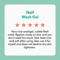 Vijfsterrenrecensie voor Naïf Wash Gel: zacht voor de huid, ruikt subtiel en voorkomt een trekkerig gevoel.