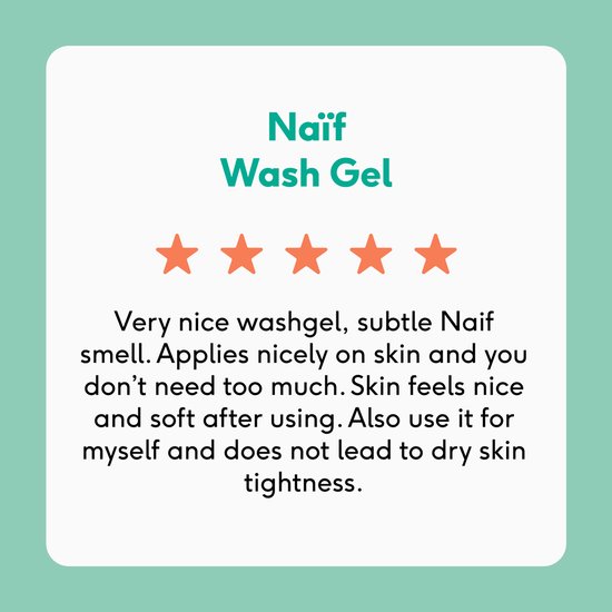 Vijfsterrenrecensie voor Naïf Wash Gel: zacht voor de huid, ruikt subtiel en voorkomt een trekkerig gevoel.