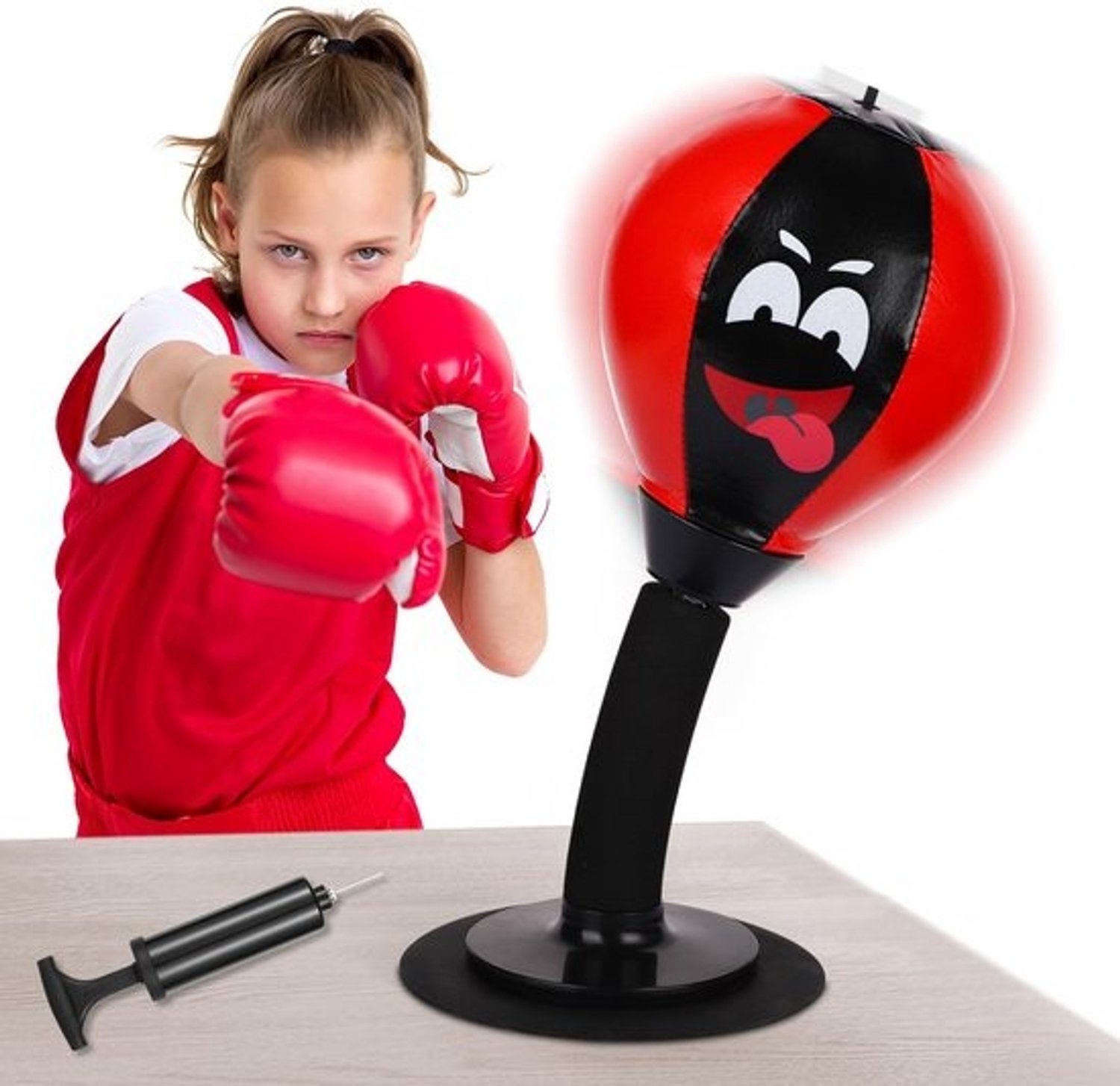 Bokszak met zuignap voor desktop, aanrecht en deur - Fun Punch Rage Bag voor kinderen en volwassenen - zwart rood