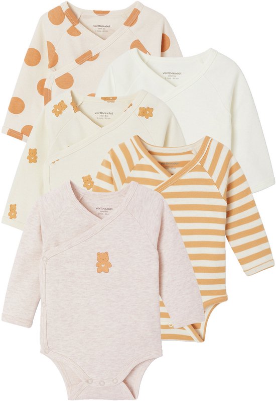 Lot de 5 bodies cache-cœur manches longues aux motifs variés, en coton bio.