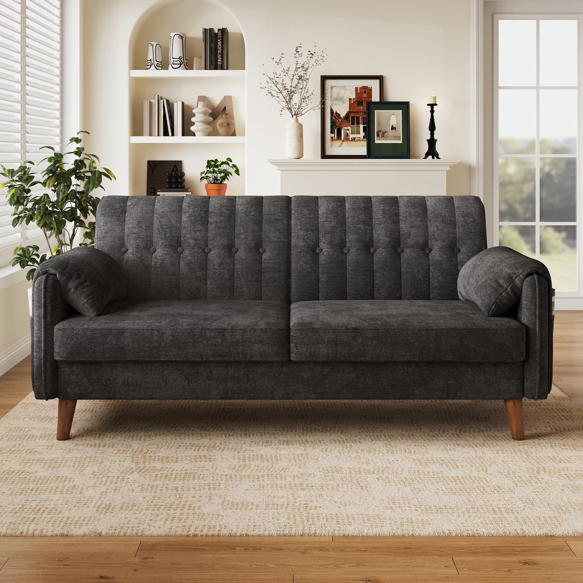 REDOM - 2-zitsbank - Chenille bekleding - Getufte rugleuning - Zijvakken - Moderne stijl - Woonkamer, kantoor, kleine ruimtes - Massief houten poten - Donkergrijs - 161,5 x 79 x 83,5 cm