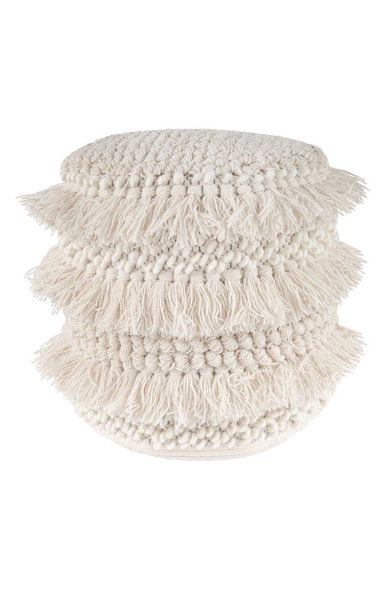 Padiro ronde poef Ø 35 x 35 cm - naturel - wolmix - bohostijl met franjes en kwastjes