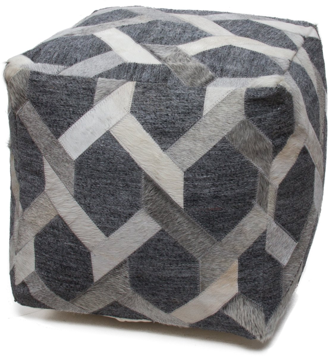 Padiro vierkante poef 45 x 45 x 45 cm - grijs - bekleding met leer - handgemaakt met geometrisch patroon Grau