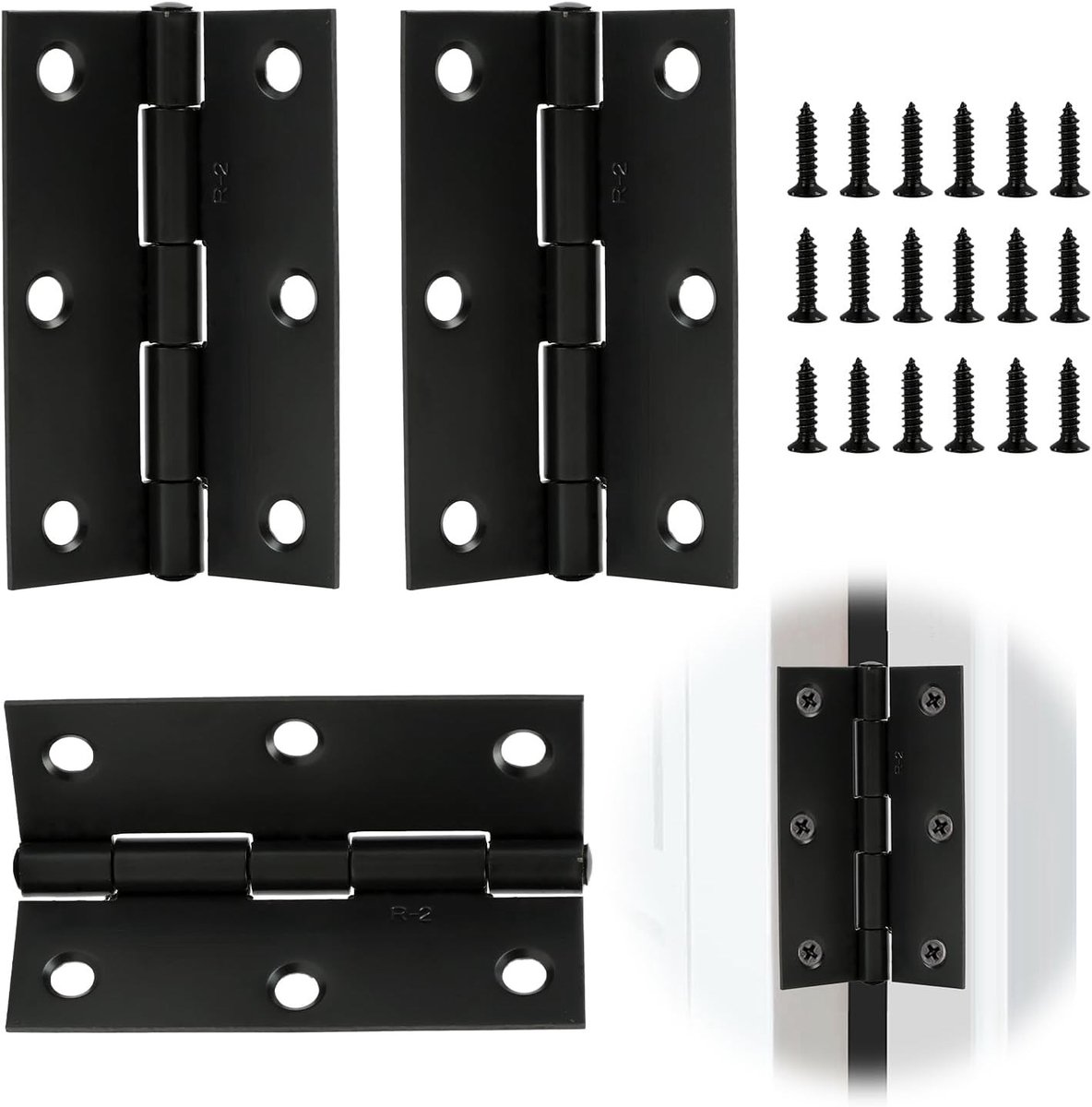Zware 75mm Matte Zwarte Scharnieren van Staal - Ideaal voor Interne Houten Deuren, Stille en Soepele Werking - Inclusief 18 Bijpassende Schroeven (1,5 Paar)