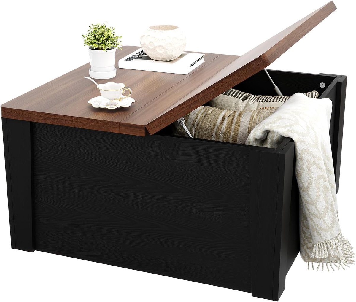 Triumpunpre 2-in-1 salontafel met opklapbaar blad- bijzettafel en verborgen opbergruimte- 80*80*41 cm- dik MDF en stabiele metalen structuur- zwart en walnoot