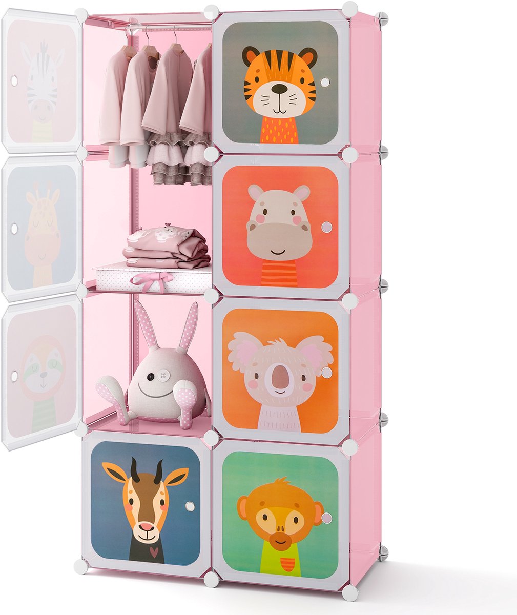 COSTWAY Kinderkledingkast RekSysteem met 8 Kubussen, Uitbreidbare Kunststof Opbergkast met Deuren en Hangers voor Kinderkamer en Slaapkamer, Roze en Wit