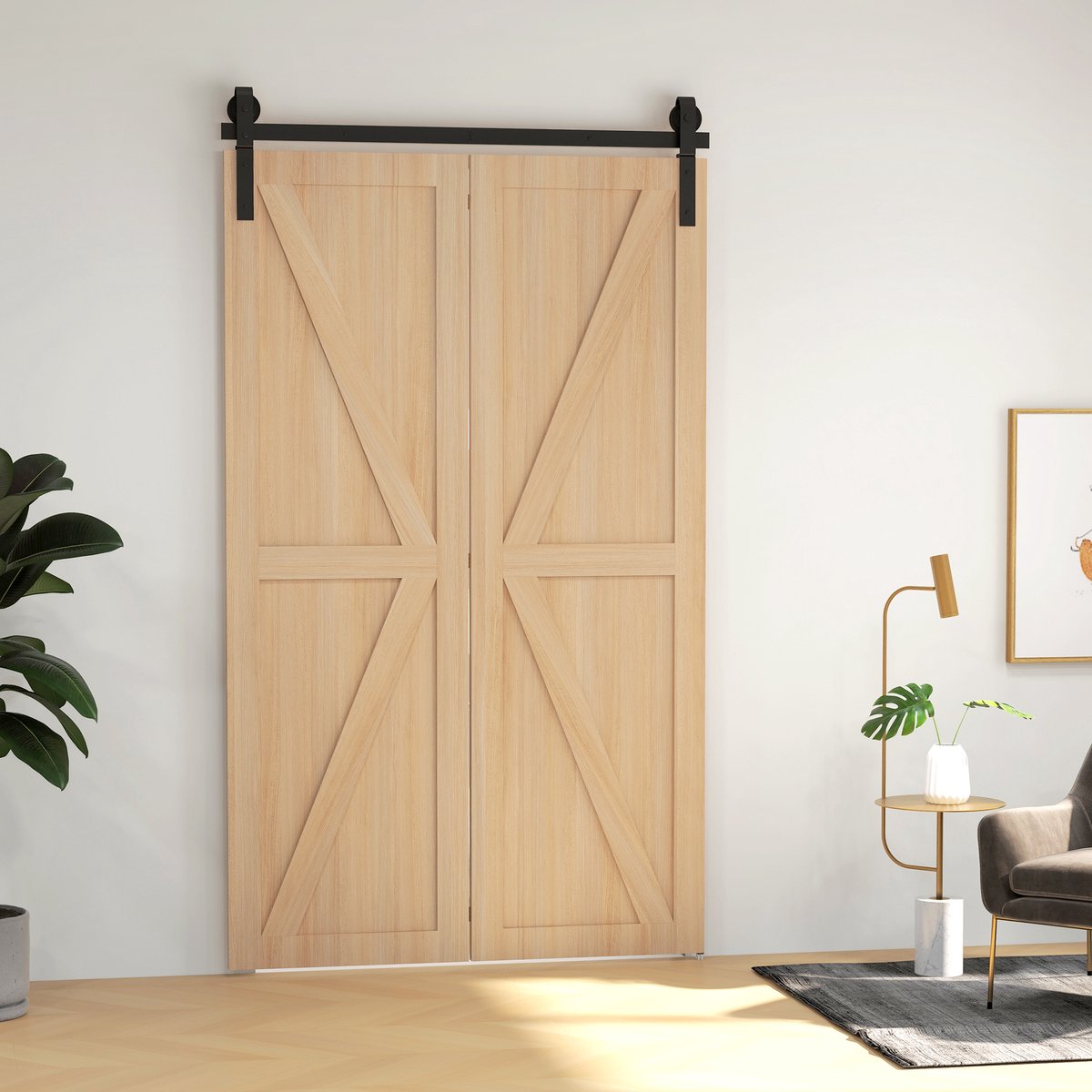 Schuifdeurrail, 122 cm, opvouwbaar, set met ophangwielen, vouwdeursysteem, vouwdeurset, Set met rails voor 2 stalen schuurdeuren