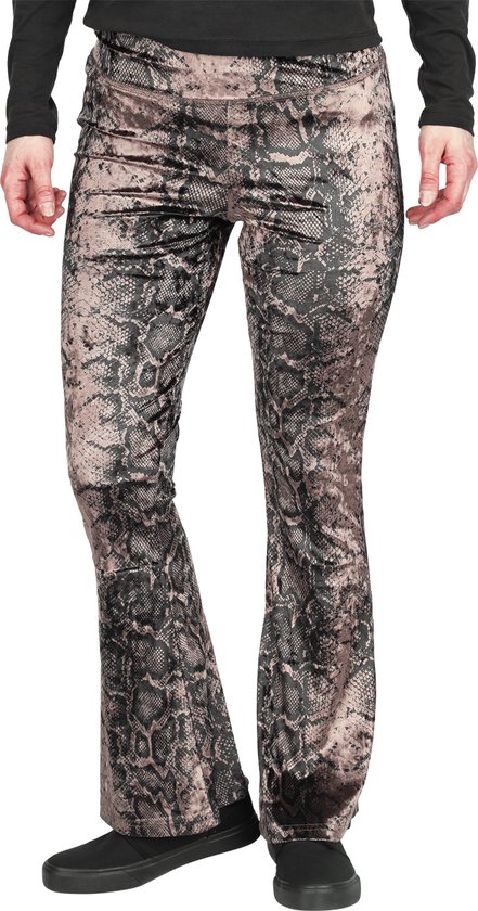 Dames legging met slangenprint in zwart en bruin, met uitlopende pijpen.