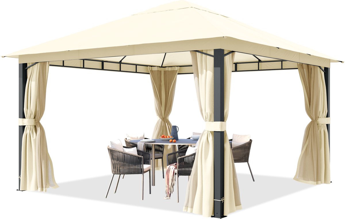 TOOLPORT Tuinpaviljoen 4x4 m, aluminium palen, dakdoek ca. 220 g/m², beige - met zijwanden en muggennetten