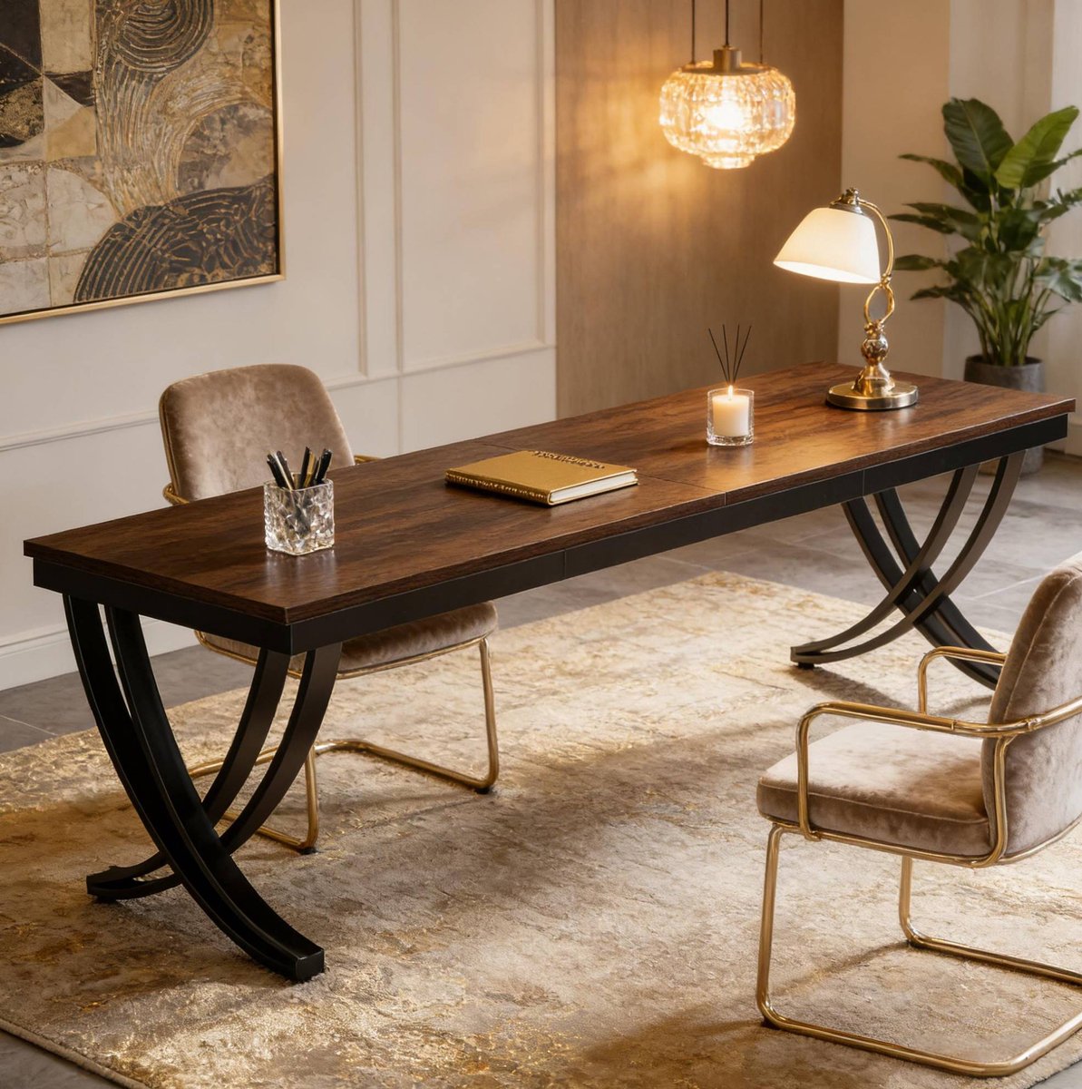 MODFU - Bureau - X-Vorm - Industrieel - Thuiskantoor - Metaal - Zwart - Rustiek Bruin - 200 Cm