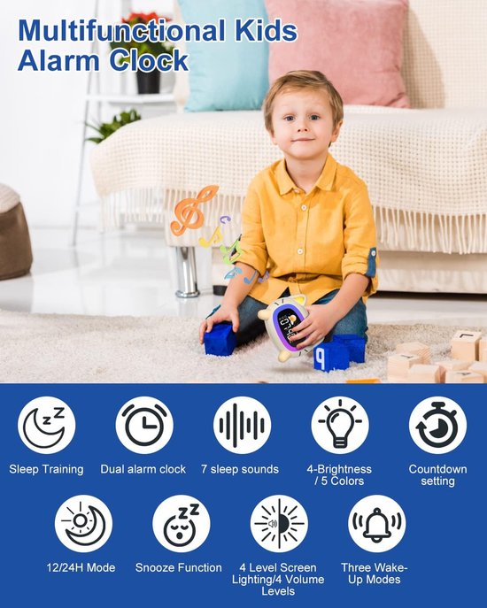 Digitale kinderwekker met slaaptrainer, kleurrijk nachtlampje en rustgevende geluiden — afbeelding 3
