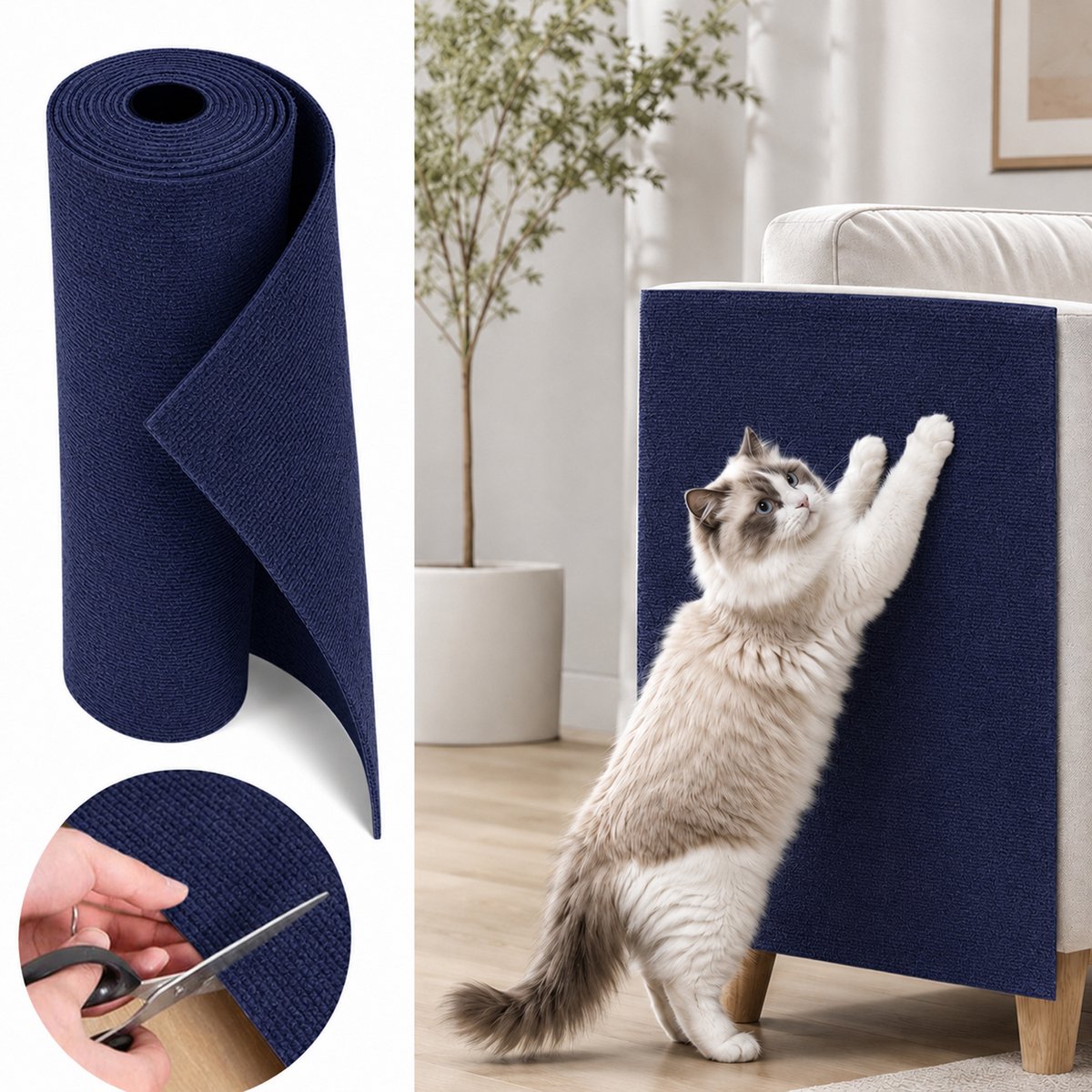 Kattenkrabmat -Zelfklevende Kattenkrabmat 300x40cm - XXL Meubelbeschermer voor Bank en Muur -Op maat te snijden krabmat voor katten- DIY Krabpaal Bekleding - Slijtvast Vilt voor Katten -Marineblauw