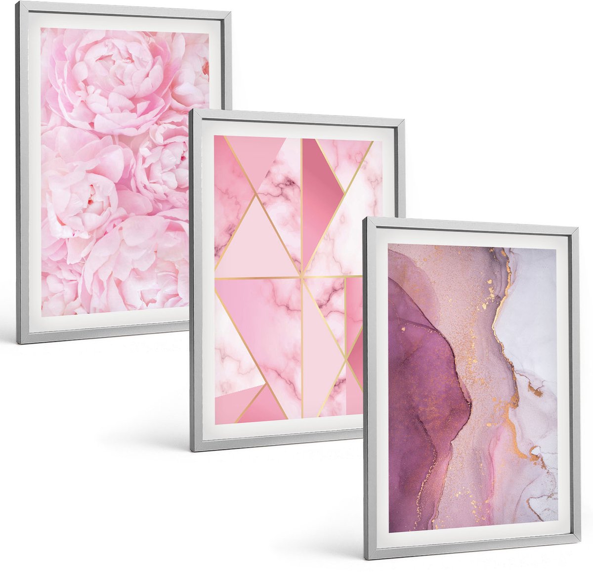 Coloray 3-Delige Schilderij Set - Roze Pioenrozen Met Geometrische Patronen - 40 x 60 cm - Decoratieve Schilderijen - Wanddecoratie - Hal - Woonkamer Decoratie