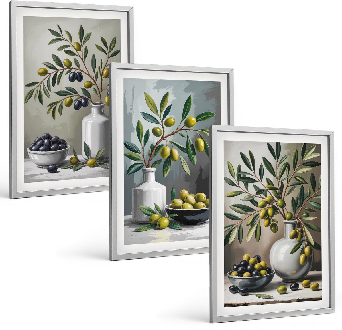 Coloray 3-Delige Schilderij Set - Olijven In Keramische Schalen Op Een Grijze Achtergrond - 40 x 60 cm - Moderne Wanddecoratie - Woonkamer - Muurdecoratie