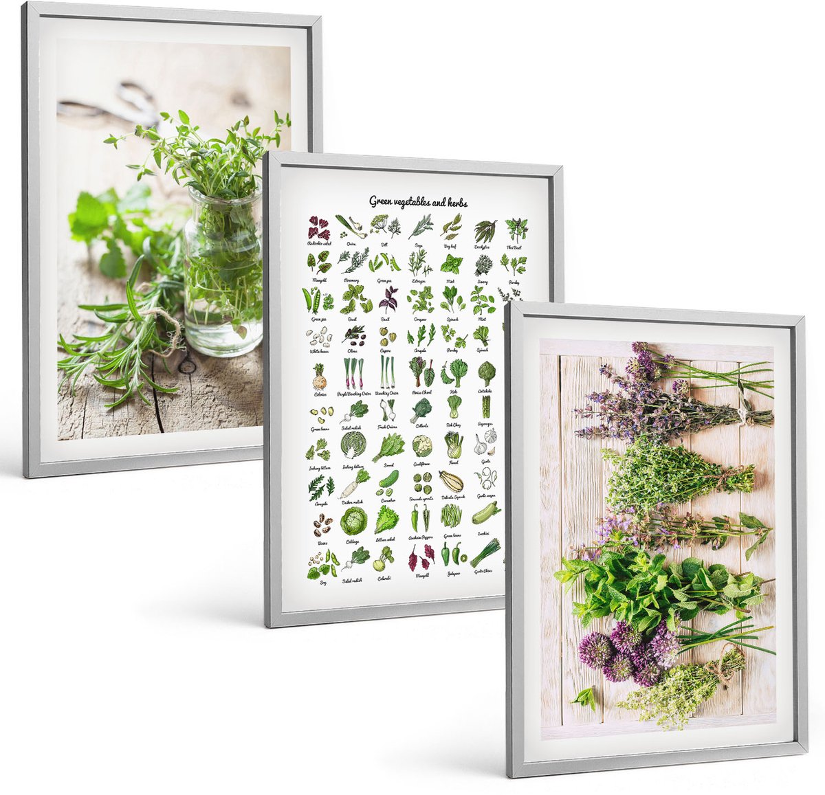 Coloray 3-Delige Schilderij Set - Lijst Met Gedroogde Keukenkruiden - 40 x 60 cm - Schilderijen Set - Wanddecoratie - Woonkamer - Muurdecoratie