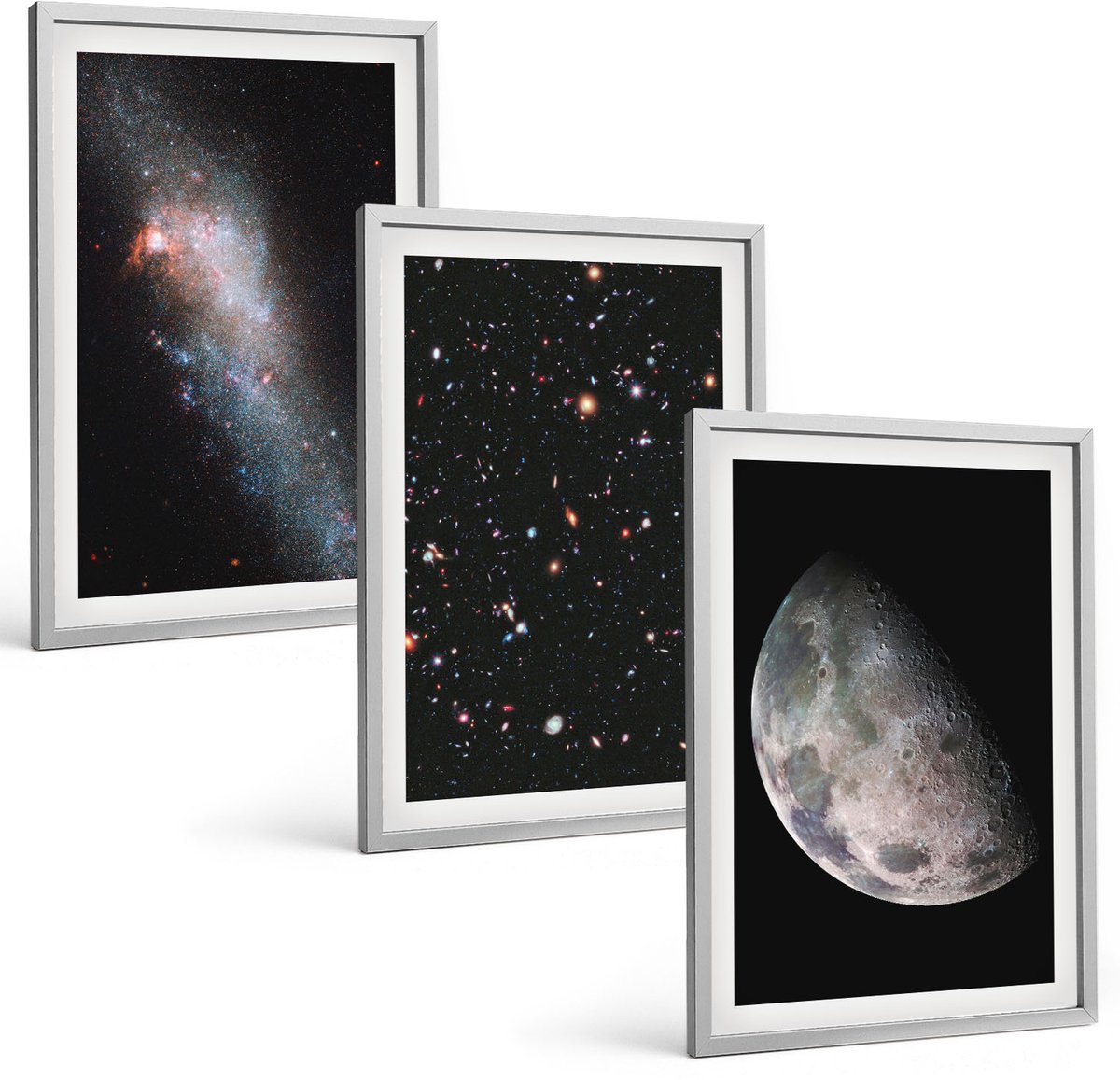 Coloray 3-Delige Schilderij Set - Ruimte, Melkweg, Sterren En Volle Maan - 40 x 60 cm - Wanddecoratie - Woonkamer Decoratie - Moderne Wanddecoratie