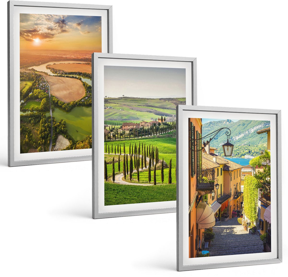 Coloray 3-Delige Schilderij Set - Italiaanse Landschappen Met Een Rivier, Heuvels En Een Stadsstraat - 40 x 60 cm - Decoratieve Schilderijen - Woonkamer - Interieur - Muurdecoratie