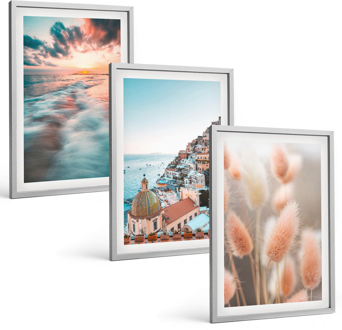 Coloray 3-Delige Schilderij Set - Uitzicht Op Zee, Zonsondergang, Kleurrijke Huizen, Bloemen - 40 x 60 cm - Decoratieve Schilderijen - Wanddecoratie - Hal