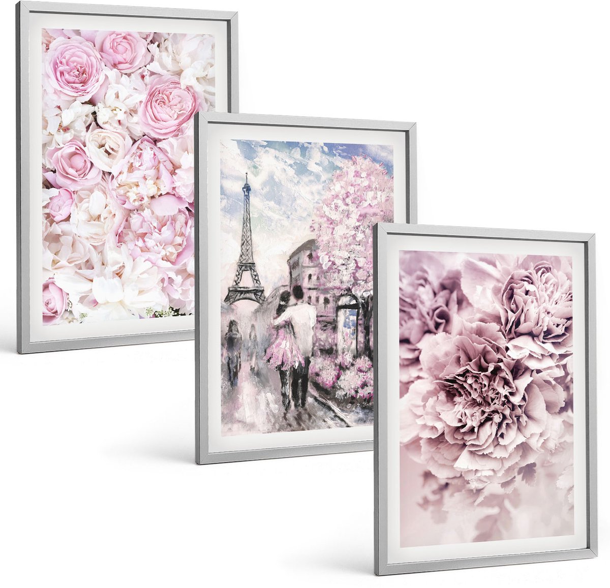 Coloray 3-Delige Schilderij Set - Bloemen In Verschillende Tinten Roze, Romantisch Landschap - 40 x 60 cm - Wanddecoratie - Schilderijen Set - Kantoor - Woonkamer Decoratie