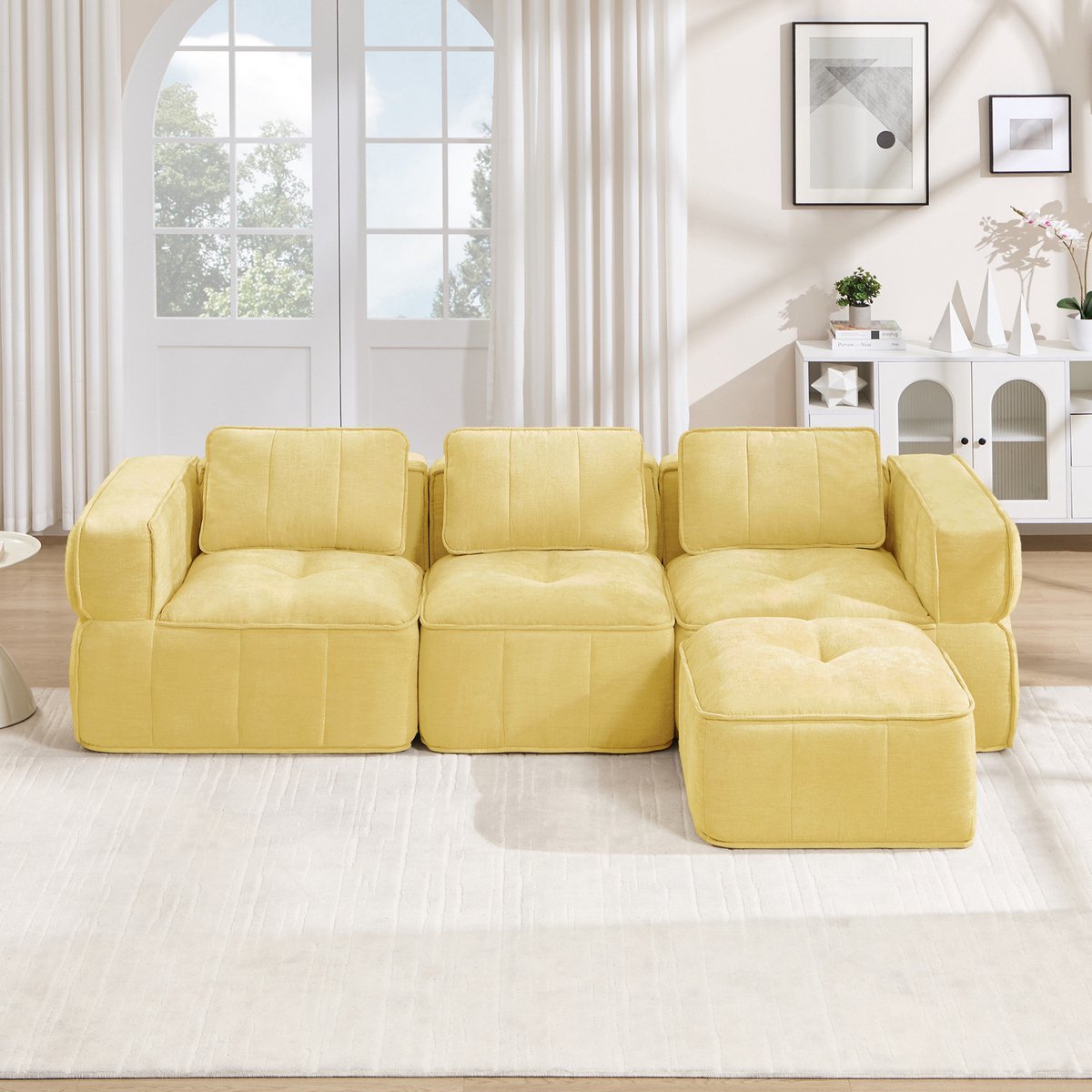 REDOM - Hoekbank - Modulair L-vormig ontwerp met 1 hocker - Zonder armframe - 32D-schuimvulling - Polyester - Geel - 271 x 162 x 67 cm