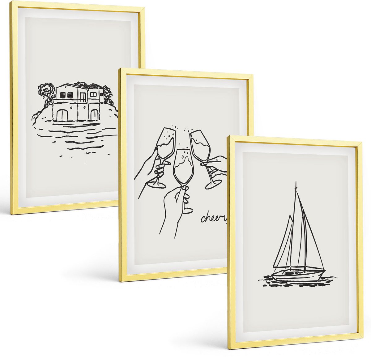 Coloray 3-Delige Schilderij Set - Uitzicht Op Het Water, Een Huis Dat Proost Met Glazen En Een Zeilboot. - 40 x 40 cm En 40 x 60 cm - Decoratieve Schilderijen - Woonkamer - Interieur - Interieur Decoratie
