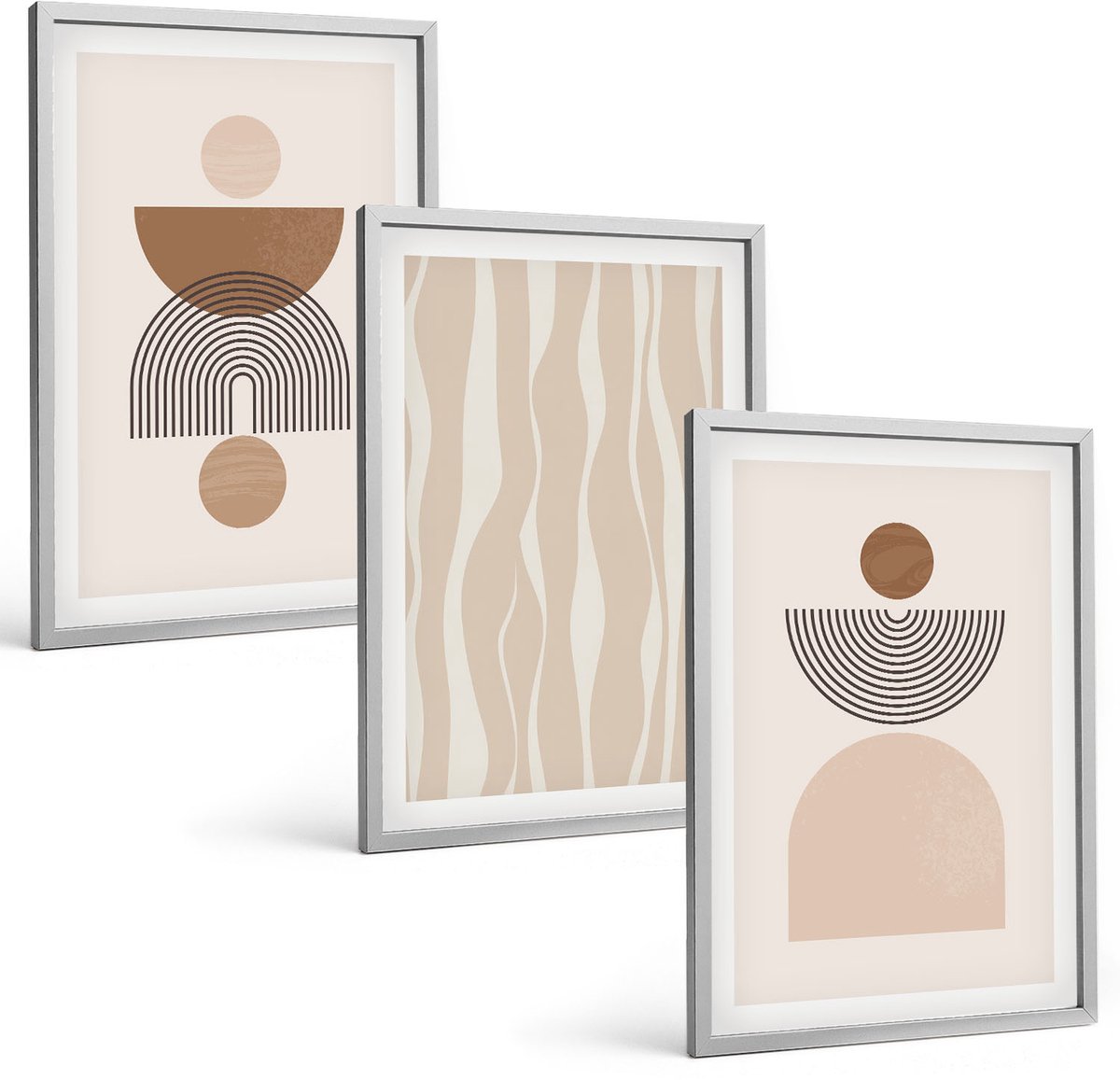 Coloray 3-Delige Schilderij Set - Abstracte Vormen In Bruine En Beige Tinten - 40 x 60 cm - Wanddecoratie - Schilderijen Set - Interieur - Decoratieve Schilderijen