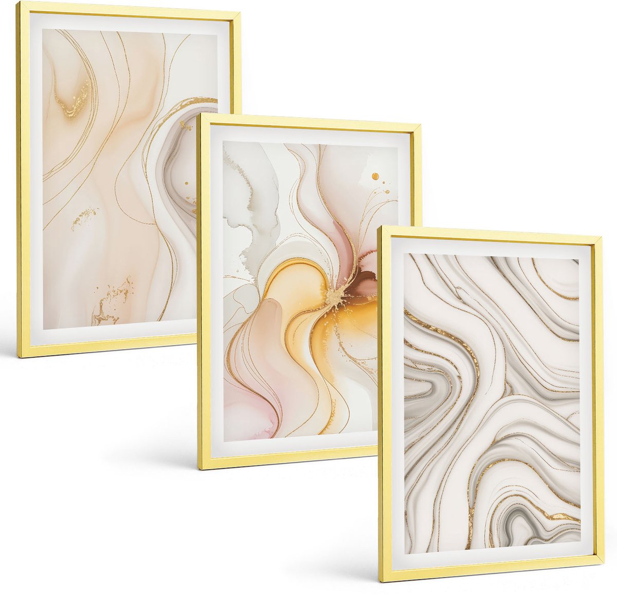 Coloray 3-Delige Schilderij Set - Roze Pioenrozen Met Geometrische Patronen - 40 x 40 cm En 40 x 60 cm - Wanddecoratie - Schilderijen Set - Interieur - Woonkamer Decoratie