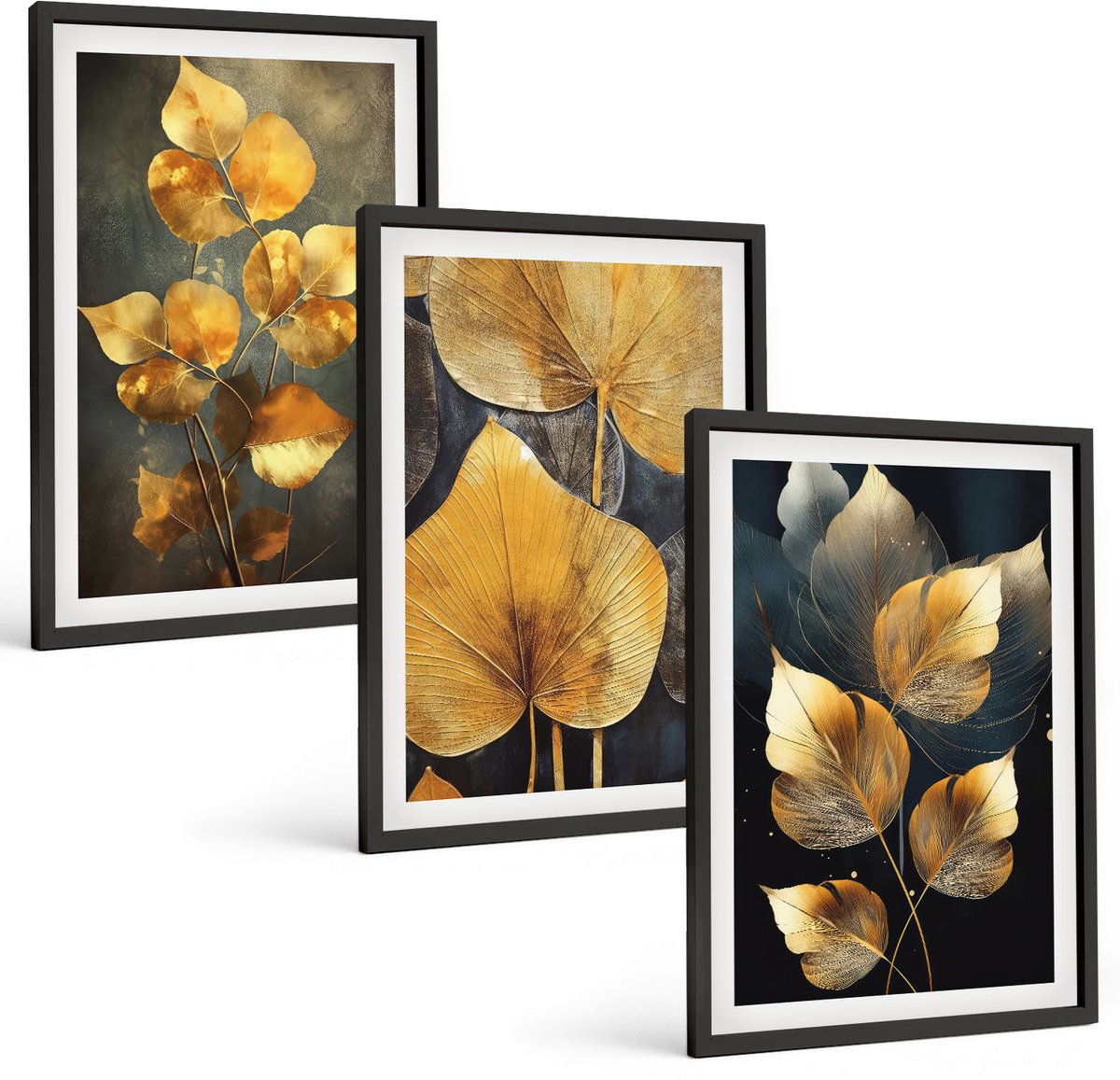 Coloray 3-Delige Schilderij Set - Bladeren In Verschillende Tinten Geel Op Een Donkere Achtergrond - 40 x 60 cm - Wanddecoratie - Moderne Interieurdecoratie - Stijlvolle Muurdecoratie