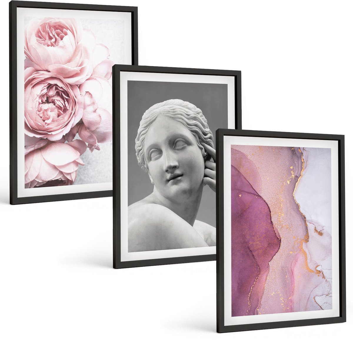 Coloray 3-Delige Schilderij Set - Romantische Pioenrozen Sculptuur Van Een Vrouw Abstractie - 40 x 60 cm - Wanddecoratie - Schilderijen Set - Kantoor - Stijlvolle Muurdecoratie