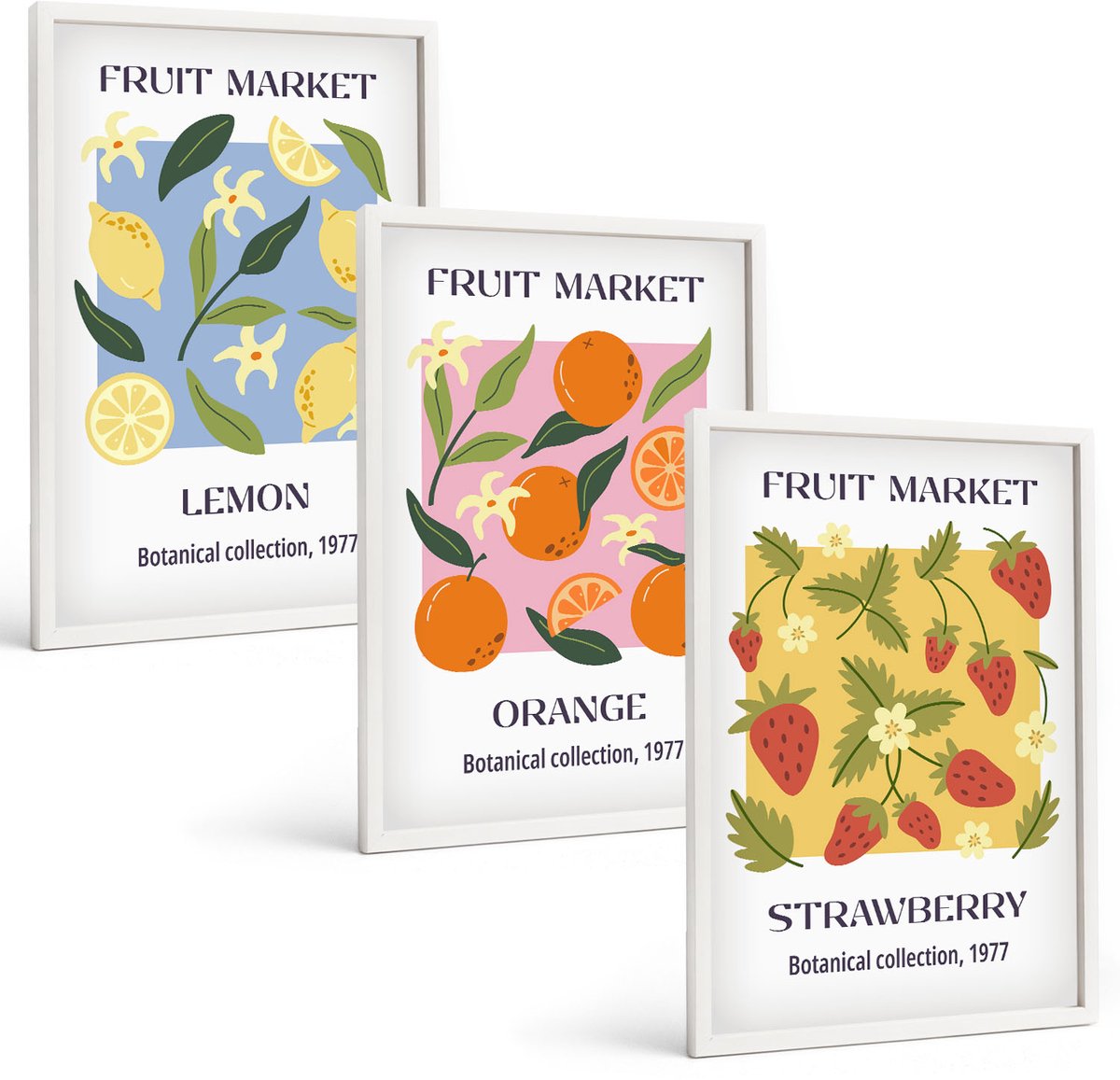Coloray 3-Delige Schilderij Set - Fruitposters Met Citroenen, Sinaasappels En Aardbeien. - 40 x 60 - Moderne Wanddecoratie - Slaapkamer - Interieur Decoratie
