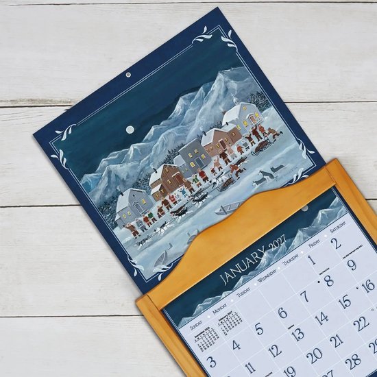 Gedetailleerd schilderij van een winters dorp met mensen en honden, naast de januari 2027 kalender.