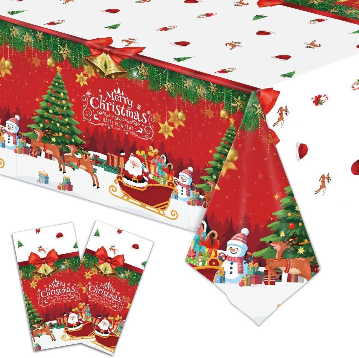 2-delige Witte Kersttafelkleed Set voor Tafelversiering, Met Kerstboom, Sneeuwvlokken en Kerstman Motief, Perfect voor Feestelijke Tafeldecoratie en Kerstfeest