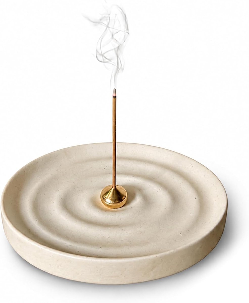 Ceramische wierookhouder met watergolven en druppelvormige messing houder, asopvang voor yoga, meditatie en ontspanning in de slaapkamer