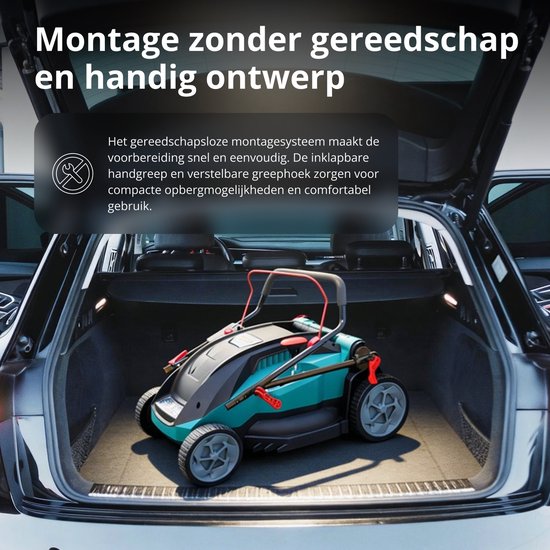 Teal-kleurige grasmaaier opgevouwen in de kofferbak van een auto. Montage zonder gereedschap en handig ontwerp.