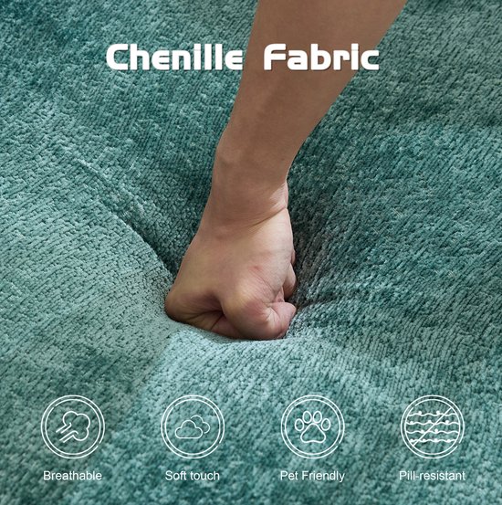 Close-up van de zachte, ademende, huisdiervriendelijke en pilling-resistente donkergroene chenille stof.