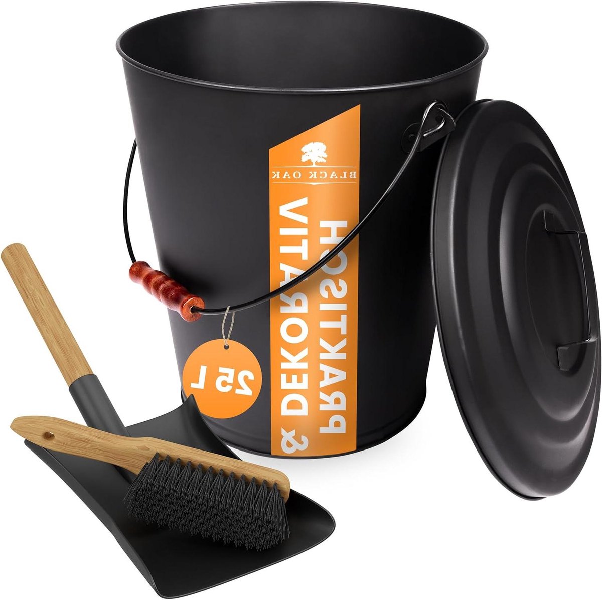 Assemmer met schep - Kolennemmer deksel - Haard schoonmaken - Inclusief veegset - 25 liter - Zwart