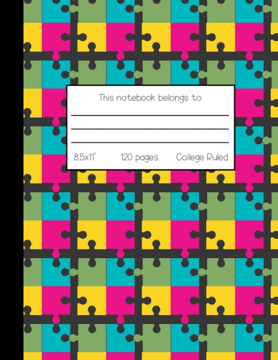 Puzzle pieces colorful autism awareness fun composition notebook 8.5x11" with name plate - ShopVlot