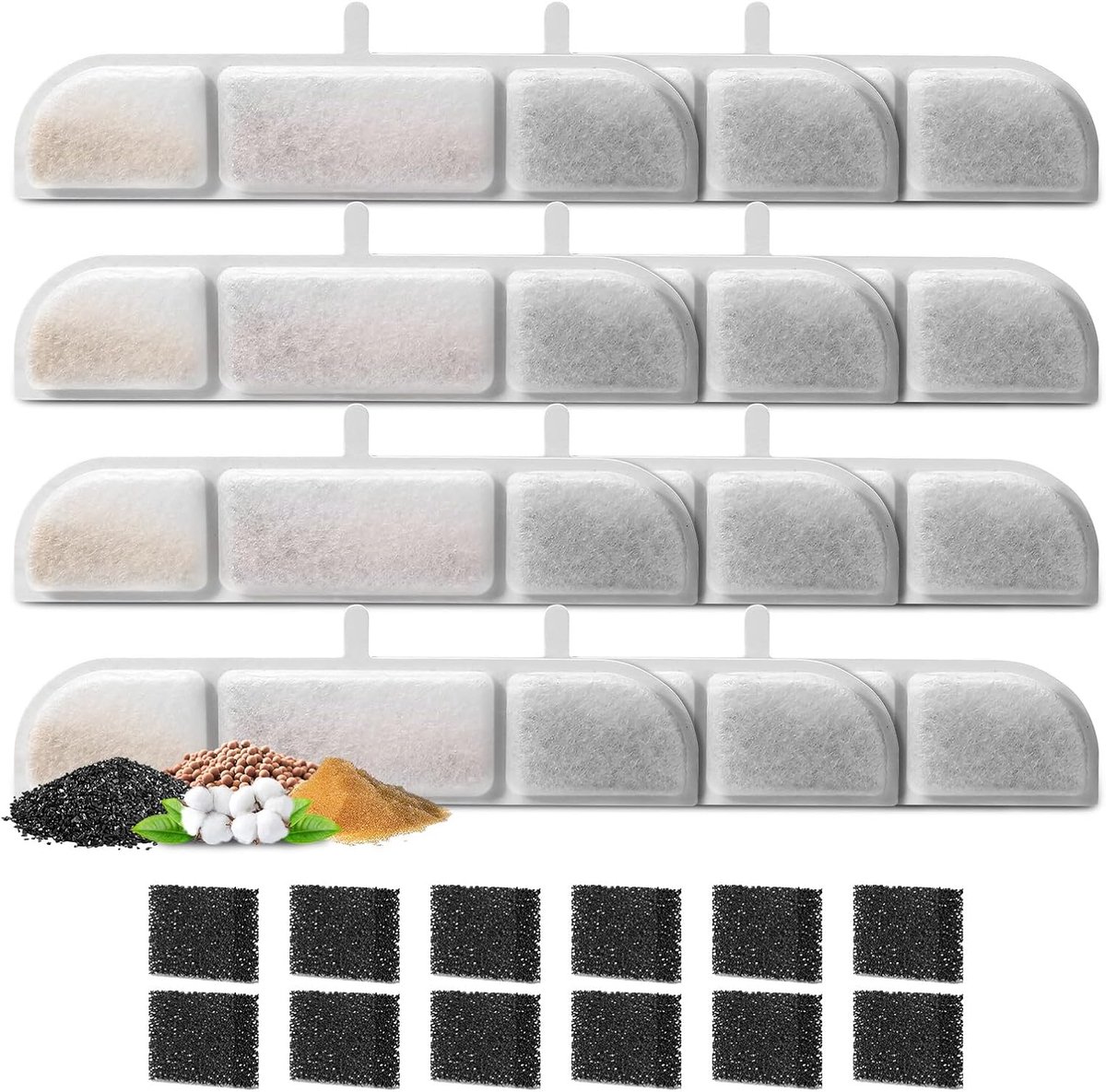 KZQ Vervangingsfilters voor drinkfontein voor huisdieren – 12 filters + 12 sponsjes – Geschikt voor drinkfonteinen van 2,5 liter – Ontwerp met drievoudige filtering