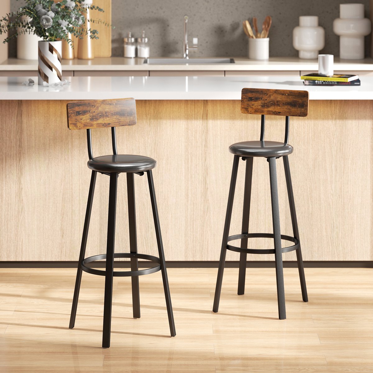 M Goods M-Goods Barstoelen Set van 2 met Rugleuning - Industrieel Design - Metalen Frame - Rustiek Bruin Rustiek bruin / zwart