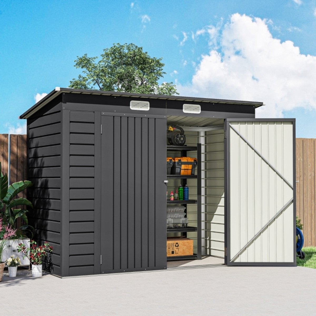 MODFU - Gartenschuur - Dubbele Deuren - Ventilatie - Verzinkt Staal - Grijs - 249 x 121 x 183 cm