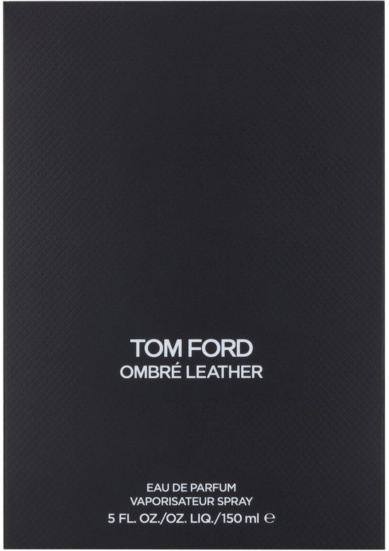 Zwarte doos voor Tom Ford Ombré Leather Eau de Parfum. Tekst: TOM FORD OMBRÉ LEATHER EAU DE PARFUM VAPORISATEUR SPRAY.
