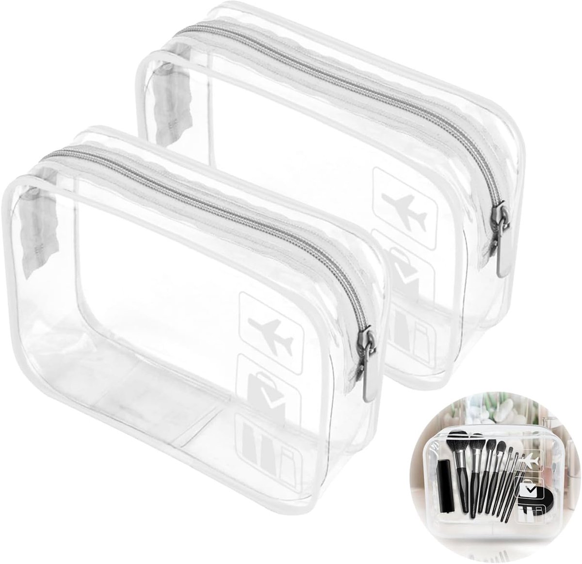2 stuks doorzichtige reistoilettas waterdichte PVC hand draagbare cosmetische tas, reisbagagezakje met ritsen (wit), Wit, NEE