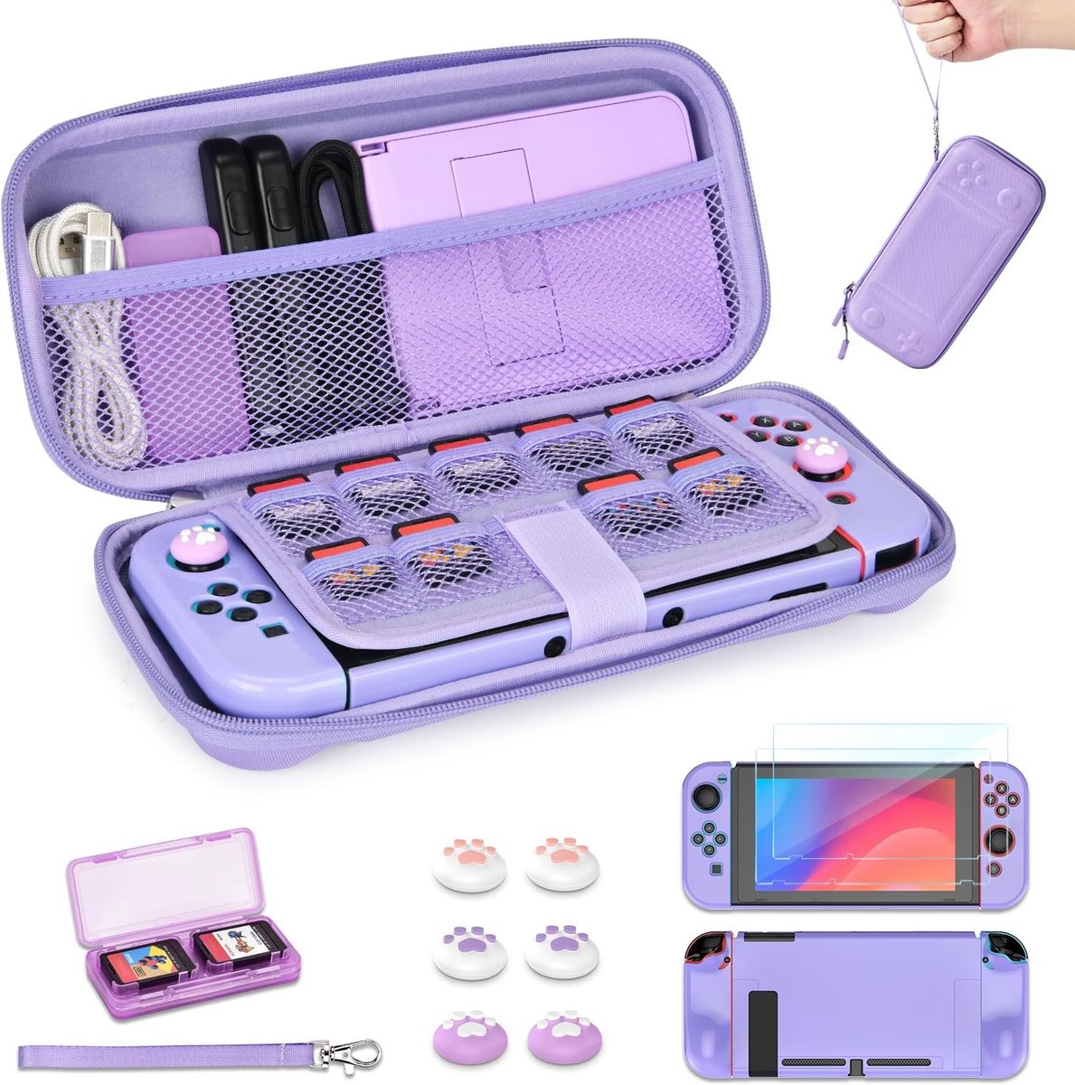 Switch Case voor Switch 2017, draagbare Switch draagtas, 14 in 1 accessoireset met Switch behuizing, cover, screenprotector, duimgreep Cap, Game Card Case en riem (Paars-knopenpatroon)