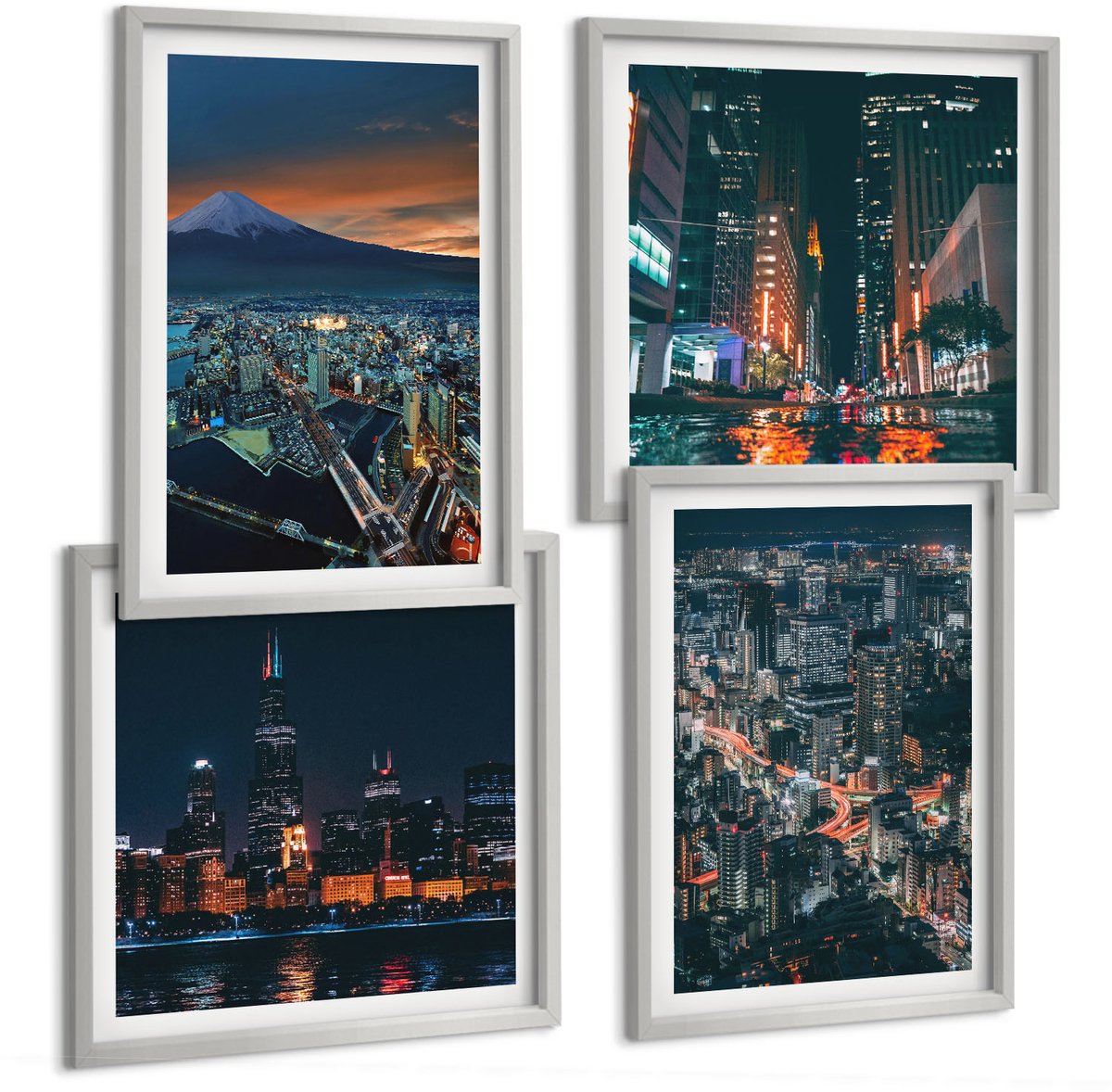 Coloray 4-Delige Schilderij Set - Uitzicht Op De Stad 'S Nachts Vanaf De Bergen Met Wolkenkrabbers - 40 x 40 cm En 40 x 60 cm - Muurdecoratie - Wanddecoratie - Hal - Moderne Wanddecoratie