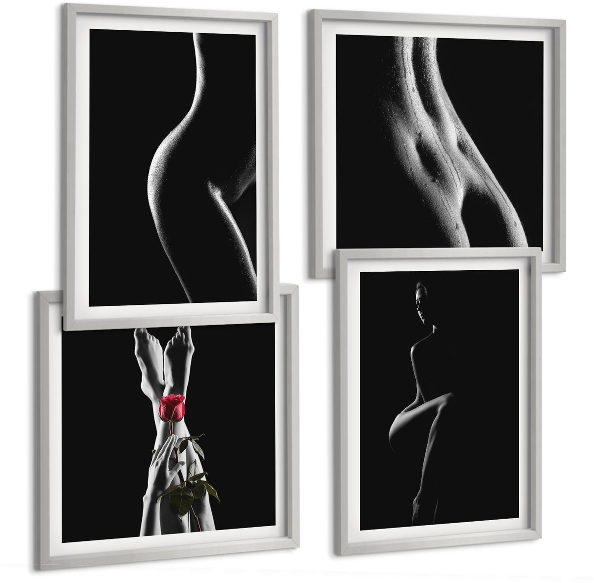 Coloray 4-Delige Schilderij Set - Erotische Afbeeldingen Van Vrouwelijke Silhouetten In Zwart-Wit - 40 x 40 cm En 40 x 60 cm - Decoratieve Muurdecoratie - Slaapkamer - Woonkamer Decoratie