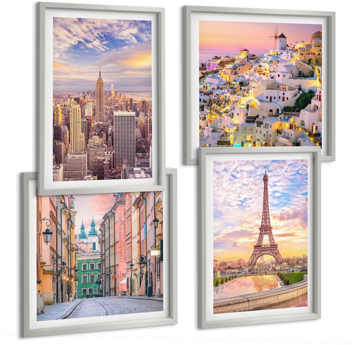 Coloray 4-Delige Schilderij Set - New York Parijs Oia Warschau Zonsondergang - 40 x 40 cm En 40 x 60 cm - Decoratieve Muurdecoratie - Slaapkamer - Moderne Wanddecoratie