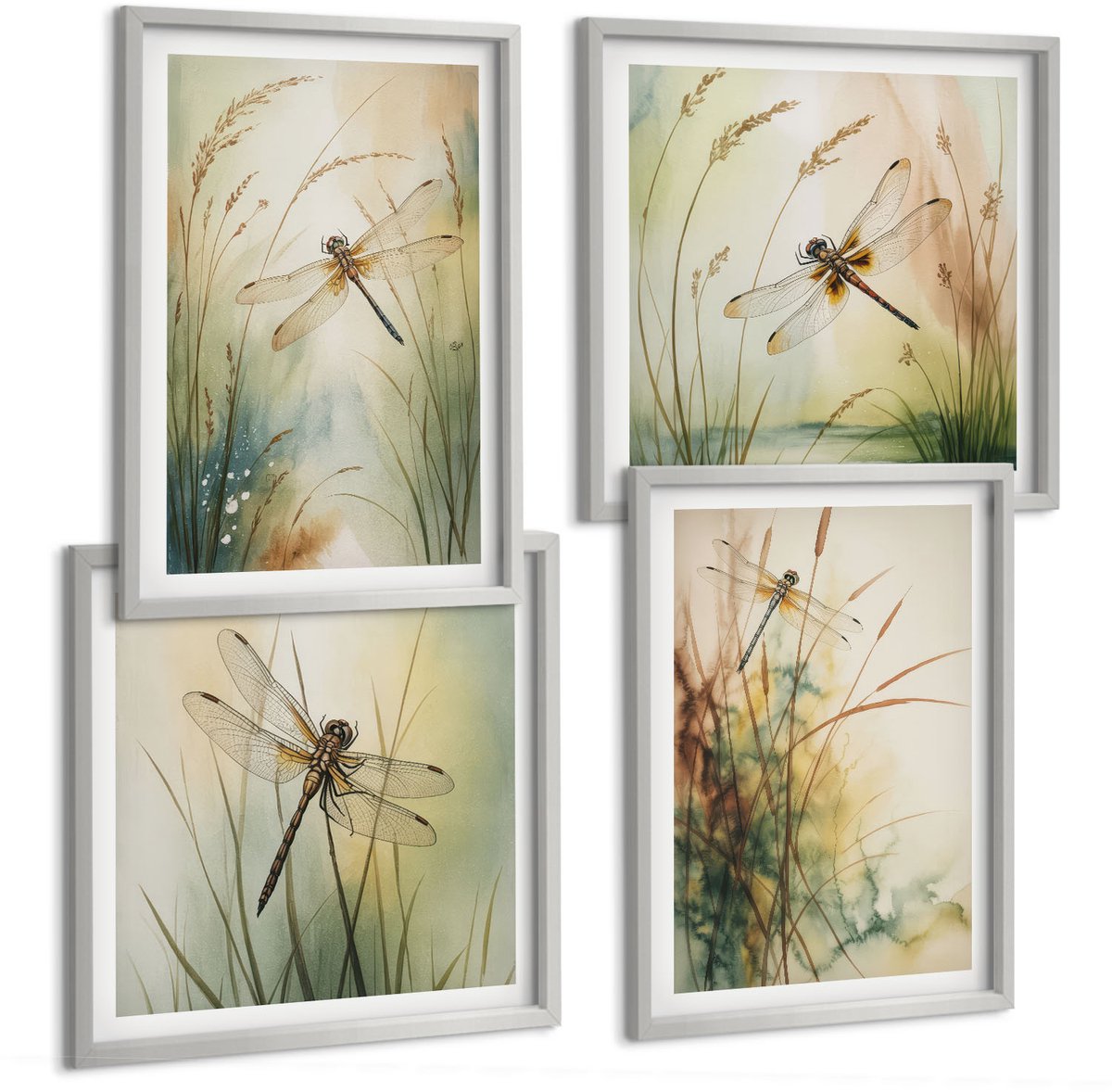 Coloray 4-Delige Schilderij Set - Geschilderd Gras Met Libellen Boven Het Water. - 40 x 40 cm En 40 x 60 cm - Muurdecoratie - Wanddecoratie - Hal - Stijlvolle Muurdecoratie