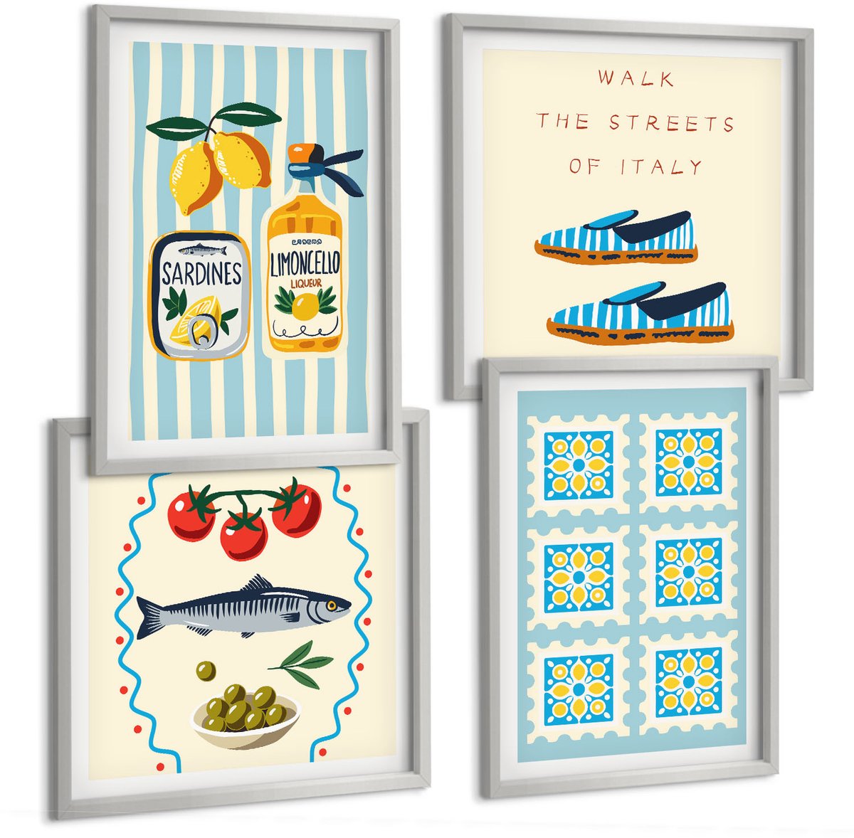 Coloray 4-Delige Schilderij Set - Fruitpatronen En Elementen Van De Italiaanse Cultuur - 40 x 40 cm En 40 x 60 cm - Moderne Wanddecoratie - Woonkamer - Stijlvolle Muurdecoratie