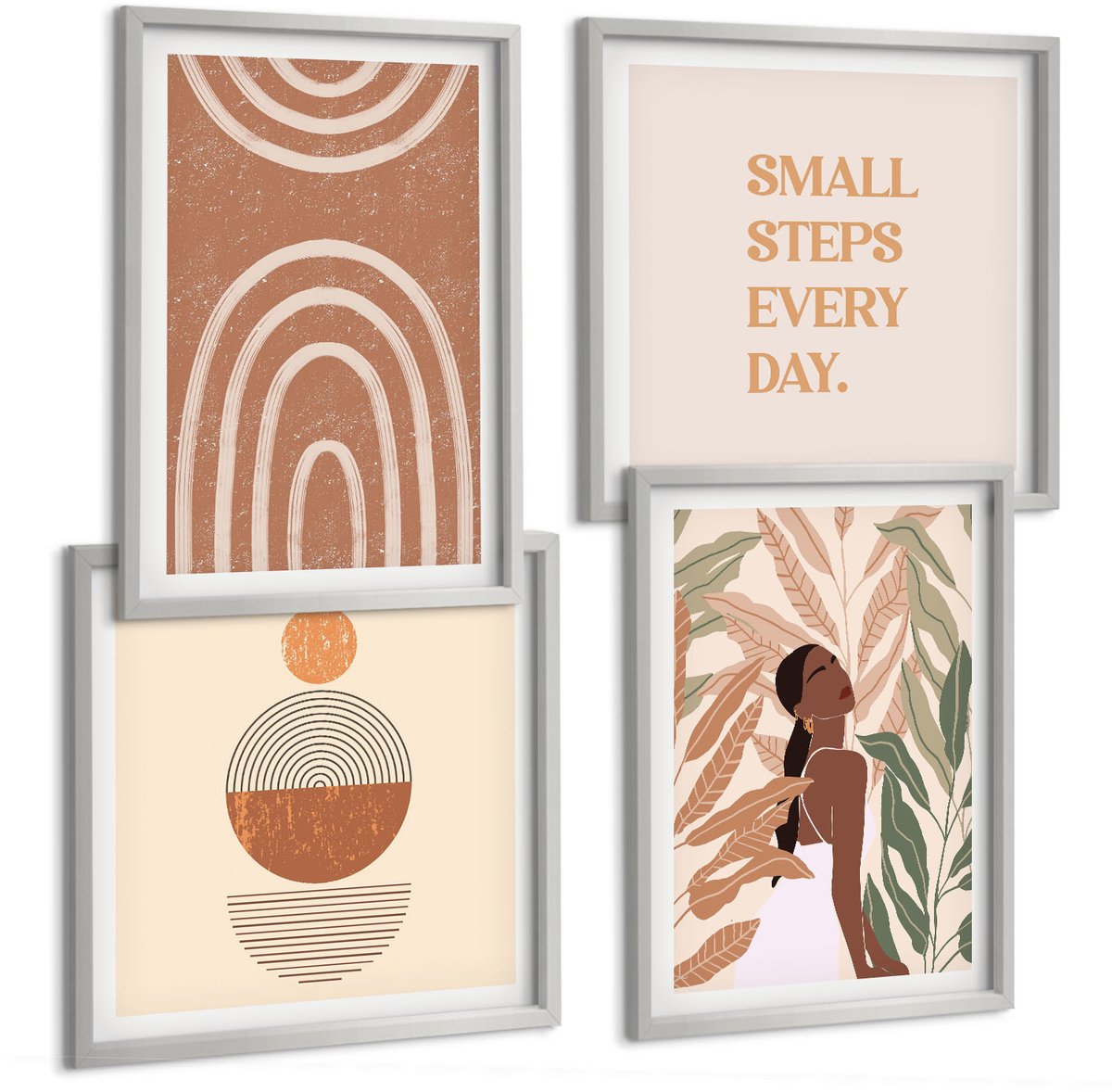 Coloray 4-Delige Schilderij Set - Stijlvolle Patronen Met Plantmotieven En Geometrische Vormen. - 40 x 40 cm En 40 x 60 cm - Wanddecoratie - Muurdecoratie - Moderne Interieurdecoratie - Moderne Wanddecoratie